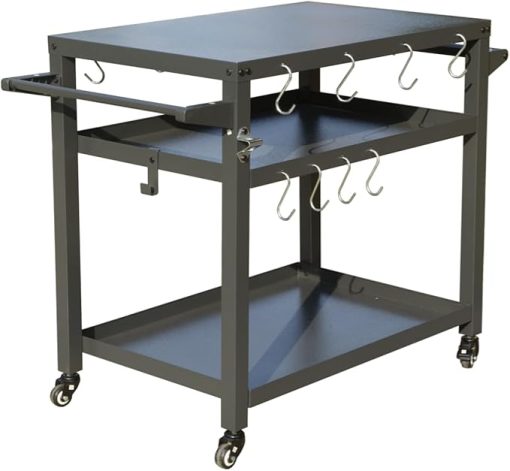 Durable 3-Shelf Outdoor Grill Table with Wheels, Convenient Storage and Accessories, for BBQ and Pizza Oven Use, Grey