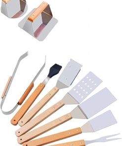 Stainless Steel BBQ Tool Set with Wooden Handle – Outdoor Barbecue Cooking Accessories for Grilling (9-Piece Long Handle Set)