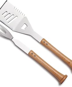 Baseball BBQ | 'Turn-Two' Combo Set | BBQ Grilling Accessories & Utensils for Baseball Fans| Unique Wooden Bat Handle & Quality Stainless Steel Grill Masters