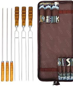 7pcs Stainless Steel Barbecue Skewer Roasting Reusable Grill Sticks Flat BBQ Fork Utensil Tool Long Handle with Storage Bag 2