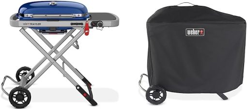 Weber Traveler Portable Gas Grill, Blue + Weber Traveler Premium Grill Cover