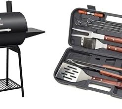 Royal Gourmet CC1830 30 Barrel Charcoal Grill with Side Table, 627 Square Inches & Cuisinart CGS-W13 Wooden Handle Tool Set, Black, Deluxe Pizza Grilling Pack (13-Piece)