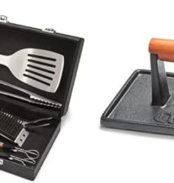 Cuisinart CGS-2010 Premium Grilling Set (10-Piece) and Cuisinart CGPR-221 Cast Iron Grill Press (Wood Handle), Weighs 2.1-pounds
