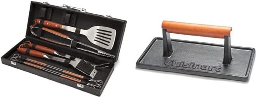 Cuisinart CGS-2010 Premium Grilling Set (10-Piece) and Cuisinart CGPR-221 Cast Iron Grill Press (Wood Handle), Weighs 2.1-pounds