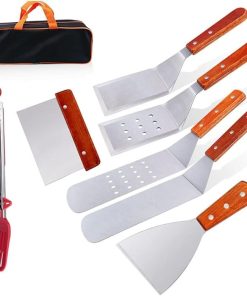 MaGiLL Wooden Handle Griddle Tool Set 7 Pcs Grill Accessories Set Premium Stainless Steel BBQ Accessories for Outdoor Grilling Camping Teppanyaki