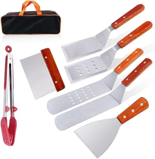 MaGiLL Wooden Handle Griddle Tool Set 7 Pcs Grill Accessories Set Premium Stainless Steel BBQ Accessories for Outdoor Grilling Camping Teppanyaki