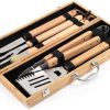 BBQ Grill Utensil Tools Set Reinforced BBQ Tongs 5-Piece Stainless Steel Barbecue Grilling Accessories with Wood Storage Case