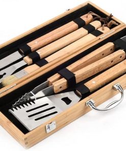 BBQ Grill Utensil Tools Set Reinforced BBQ Tongs 5-Piece Stainless Steel Barbecue Grilling Accessories with Wood Storage Case
