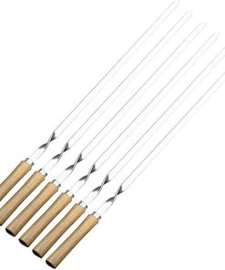 BBQ Skewer Stainless Steel BBQ Fork Set Long Flat Wood Handle Barbecue Needle Meat Grill Outdoor Tools 6pcs