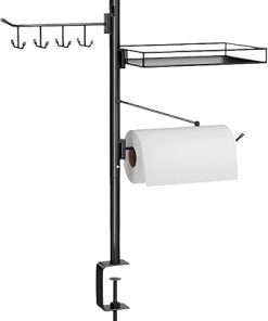 Grill Caddy with Paper Towel Holder,BBQ Caddy for Outdoor Grill,Condiment Jar Tool Hooks Stable C-Clamp Base Outdoor Grilling Accessories for Camping Outdoor, RV, Tailgate Essentials Black