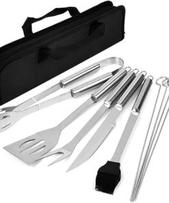 RJ Legend BBQ Grill Tools Set - 9-Piece Stainless Steel with Carrying Case - Perfect Grilling Gift for Men, Dad, Husband - Tongs, Spatula, Fork, Knife, Skewers