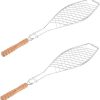 2Pcs Metal Non Stick Bbq Fish Basket with Wooden Handle Durable Grilling Tool for Outdoor Bbq Camping and Picnics for Fish Steaks and Veggies
