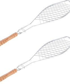 2Pcs Metal Non Stick Bbq Fish Basket with Wooden Handle Durable Grilling Tool for Outdoor Bbq Camping and Picnics for Fish Steaks and Veggies