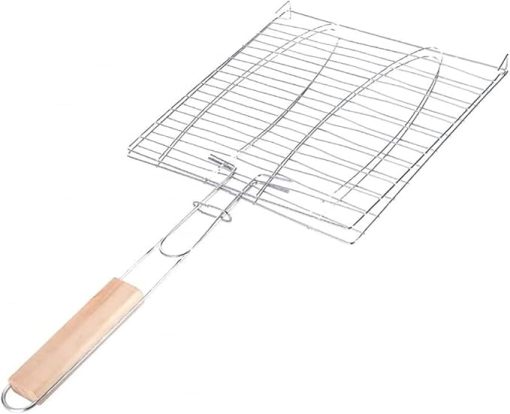 Stainless Steel Outdoor Grill with Wooden Handle Grill Basket Folding Dual Fish Hamburger Clip BBQ Net Picnic Tool