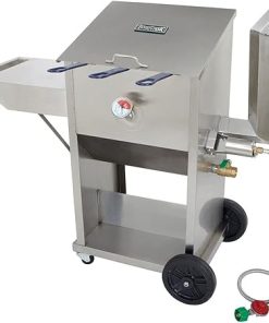 Bayou Classic 700-709 9-gal Stainless Bayou Fryer Features Stainless Cart w/Side Shelf Three Mesh Baskets Fry Thermometer 10-psi Regulator w/ 48-in Stainless Braided Hose