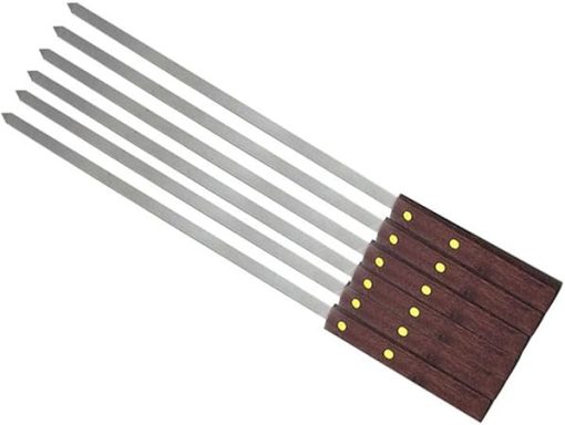 BBQ Grill Outdoor Stainless Steel Wide BBQ Skewers Long Wood Handle Barbecue Fork Stick Shish Kebab Grill Skewer Camping Tool