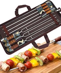 7pcs Stainless Steel Barbecue Skewer Roasting Reusable Grill Sticks Flat BBQ Fork Utensil Tool Long Handle with Storage Bag