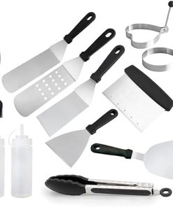 12-Piece Flat Top Grill Accessories Kit, Stainless Steel Griddle Tools Set with Spatula, Scraper, Tongs, Egg Rings for BBQ, Camping, Outdoor Cooking