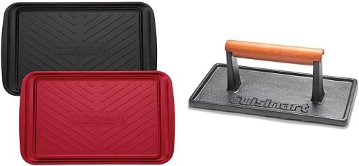 Cuisinart CPK-200 Grilling Prep and Serve Trays, Black and Red & CGPR-221 Cast Iron Grill Press (Wood Handle), Weighs 2.1-pounds