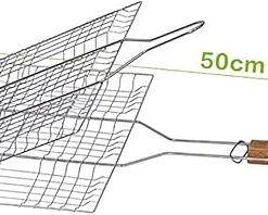 B&C.Room 304 Stainless Steel Grilling Basket Wire Mesh for Fish Steak BBQ Barbecue Accessories with Wood Handle Silver 2