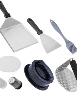 Totority Stainless Steel Burger Press Set Grill Tools Cooking Brush Oil Paper Spatula for Outdoor BBQ Camping