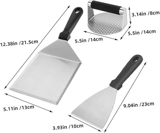 BBQ Grill Tool Set 3-Piece Stainless Steel Burger Press Spatula Set Easy to Use Clean - Image 2