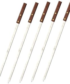 BESPORTBLE Stainless Steel Bbq Skewers 5pcs Set Wooden Handle Flat Meat Skewers Sticks Rustless Bbq Tools for Outdoor