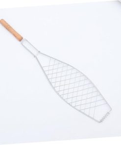 Barbecue Tool Set 4pcs Metal Fish Grill Basket Wooden Handle Non-stick Mesh Clip for Outdoor Cooking 2