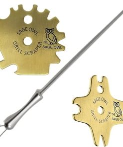 Sage Owl Bristle-Free Universal Brass Grill Scrapers with Handle Combo - Safe Standard Grill Cleaner for Porcelain Outdoor Grills - Barbecue Tools Grilling Accessories for Men