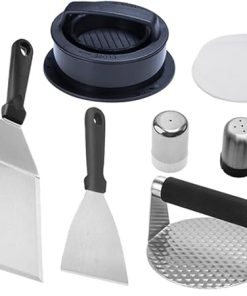 VOSAREA 1 Set Stainless Steel BBQ Grilling Tool Cooking Accessories with Burger Press Versatile Spatula Food Brush Oil for Outdoor Camping and BBQ Enthusiasts