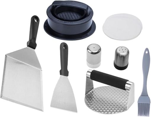 VOSAREA 1 Set Stainless Steel BBQ Grilling Tool Cooking Accessories with Burger Press Versatile Spatula Food Brush Oil for Outdoor Camping and BBQ Enthusiasts