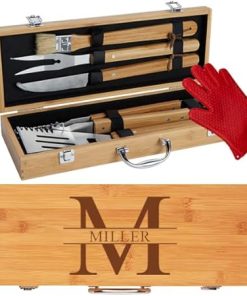 Personalized Custom BBQ Grill Set, Gift for Dad Husband - Engraved 10 pc Set with Grilling Tools