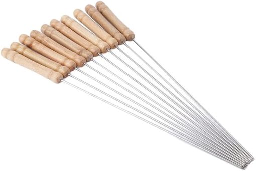 10 Pcs Stainless Steel BBQ Skewer with Wooden Handle Reusable Picnic Barbecue Outdoor Cooking Tool Kitchen Accessories