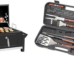 Royal Gourmet CD1519 Portable Charcoal Grill with Two Side Handles, Compact Outdoor & Cuisinart CGS-W13 Wooden Handle Tool Set, Black (13-Piece)