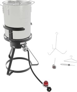 GasOne B-5155-NB Turkey Fryer Pot and Burner – 30 Quart Pot Deep Fryers Outdoor Burner – Cast Iron Burner Head 7-Piece Set Outdoor Deep Fryer with Thermometer, Marinade Injector