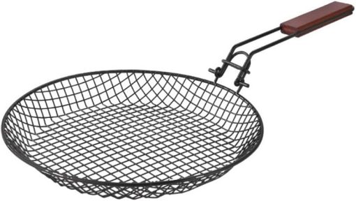 Non Stick Steel Carbonl Grill Basket Heat-Resistant Perforated Barbecue Pan with Folding Wooden Handle Round Grilled Fish Tray Kitchen Tool