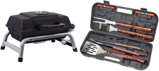 Char-Broil Portable 240 Liquid Propane Gas Grill & Cuisinart CGS-W13 Wooden Handle Tool Set (13-Piece), Black