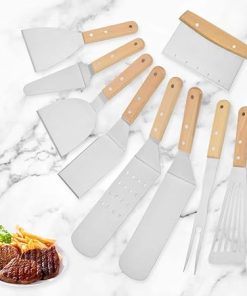 MaGiLL Griddle Set 9 Pcs Stainless Steel Grill Spatula Set with Enlarged Spatulas, Scraper, Tongs Wooden Handle Tool Set Barbecue Accessories Kit