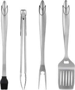 Grill Set, BBQ Accessories, BBQ Tools Grill Tools Set, Stainless Steel Grill Utensils, Stainless Steel Spatula, Fork, Tongs & Cleaning Brush (Large)