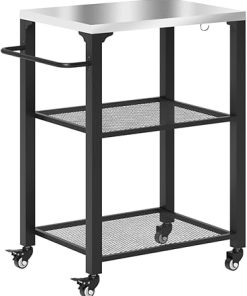 Stainless Steel Outdoor Grill Cart with Rust Resistant Top Portable Camping Kitchen Island Rolling Utility Cart with Storage Hooks Grid Shelves and Sturdy Swivel Casters for BBQ and Gardening
