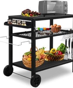 Outdoor Grill Cart – 3-Tier BBQ Trolley Table with Wheels, Storage Shelves & Tool Hooks | Portable Food Prep Station for Patio, Backyard, or Camping – Black 2