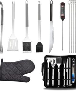 BBQ Tools Set 11Pcs Barbecue Grilling Accessories Utensil for Outdoor Camping Cooking Tools Kit, Stainless Steel Grill Tools with Thermometer