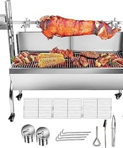 Stainless Steel Rotisserie Grill with Back Cover Guard, 25W Motor Small Pig Lamb Roaster, 48.7'' 2 in 1 BBQ Charcoal Rotisserie Grill for Camping Outdoor Kitchen (88LBS with Baffle)