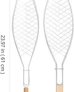 2Pcs Fish Barbecue Clip with Wooden Handle Durable Iron Grill Basket for Outdoor Grilling Includes Thick Thin Net Racks Easy to Use and Clean for Fish and Vegetables 2