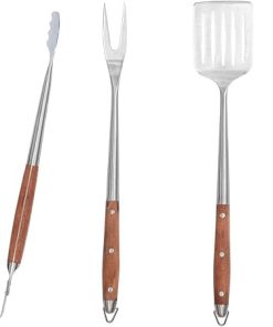 BBQGUYS Signature 4-Piece Stainless Steel W/Wooden Handles Tool Set - BBQ-4PCW-TST