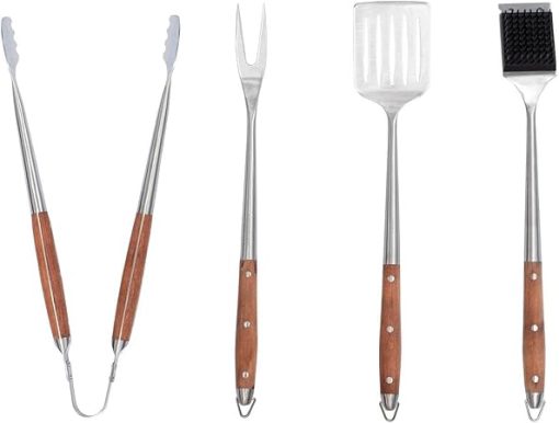 BBQGUYS Signature 4-Piece Stainless Steel W/Wooden Handles Tool Set - BBQ-4PCW-TST