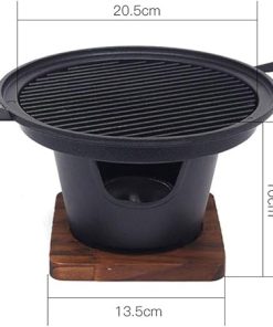 Japanese Style BBQ Grill, Portable Charcoal Grill Pan Food BBQ Plate with Wooden Base, Household Mini Alloy Cooking Pan Pot Barbecue Tools 2