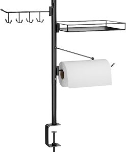 Table Clamp Grill Caddy Bbq Tool Holder Organizer with Paper Towel Condiment Jar Hooks Stable C-clamp Base Outdoor Grilling Accessories for Camping Black