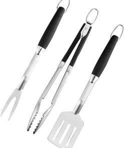 Generic 3pcs Stainless Steel Grill Utensil Set Barbecue Fork Tongs Grilling Spatula Portable Multifunction BBQ Grill Tool Kitchen Tools, Silver Black, Barbecue Utensils ﻿