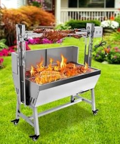 Pig, Whole hog, Lamb BBQ spit Roaster rotisserie kit. Electric 25w Motor, 37 inch spit Rod, All Stainless Trussing Hardware, Accessories. Portable Charcoal Barbecue or Outdoor Wood fire,with Baffle